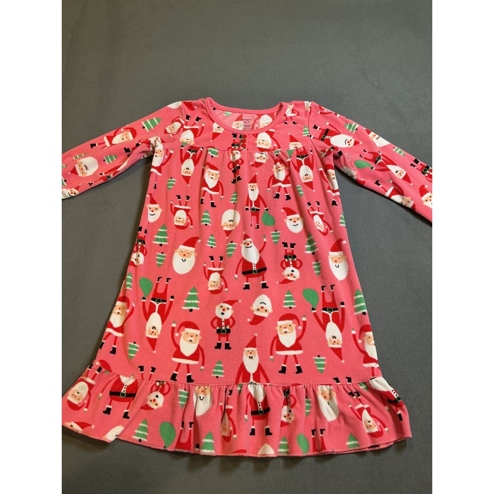 Carter's Girls Nightgown 6-7 Pink Santa Claus Fleece Christmas Sleep Dress Cozy